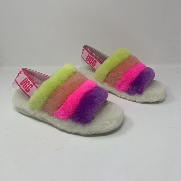 UGG Fluff Yeah 1097169 Slide Slippers Womens 8 White Multi Striped Slip On S0620 - Picture 1 of 9
